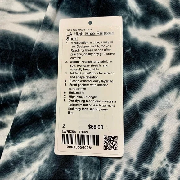NWOT Lululemon LA High Rise Relaxed Short * Tie Dye Black White